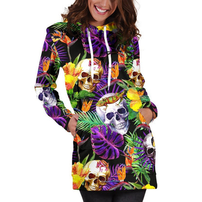 Purple Tropical Skull Pattern Print Hoodie Dress GearFrost