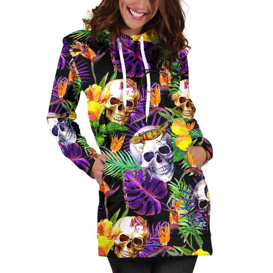 Purple Tropical Skull Pattern Print Hoodie Dress GearFrost