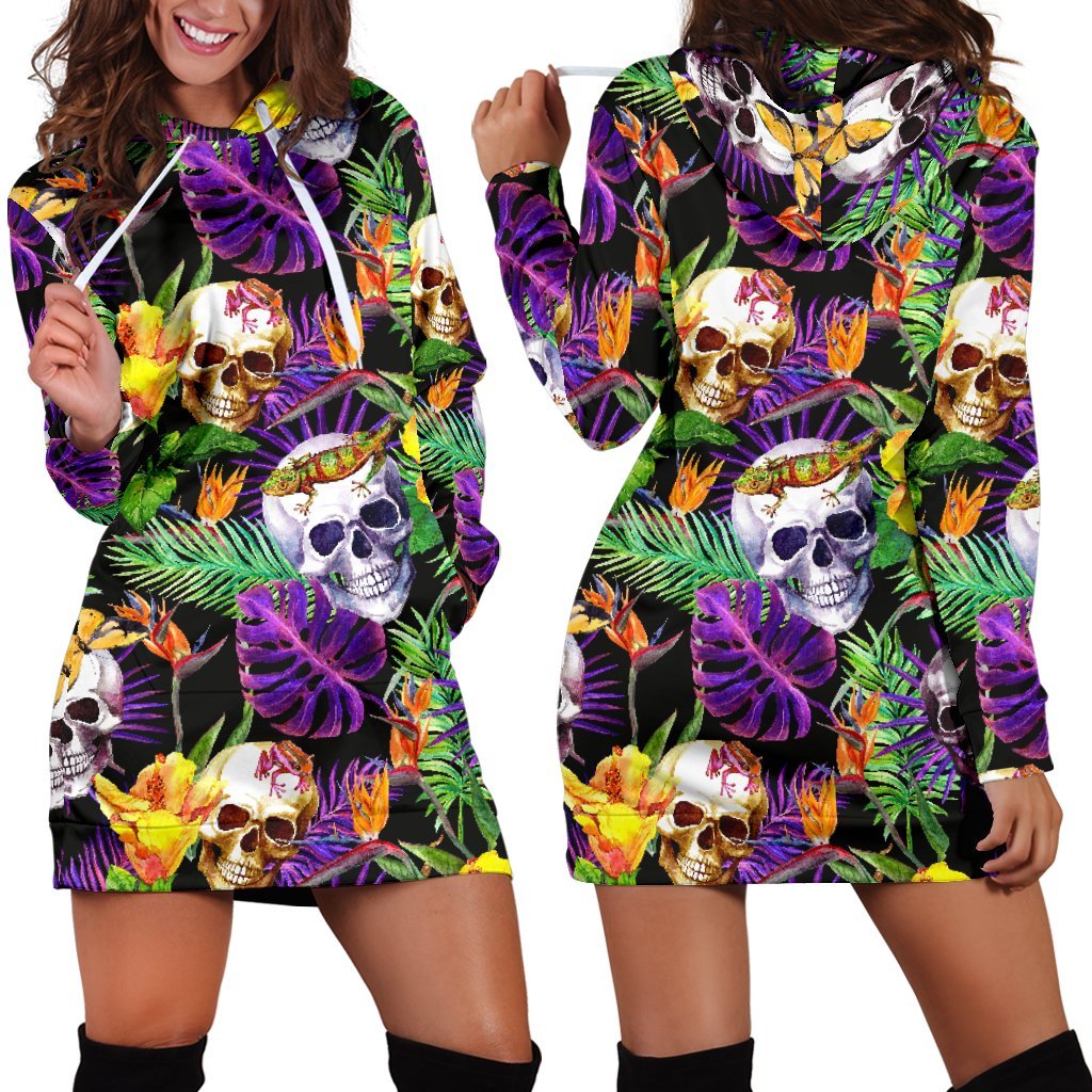 Purple Tropical Skull Pattern Print Hoodie Dress GearFrost
