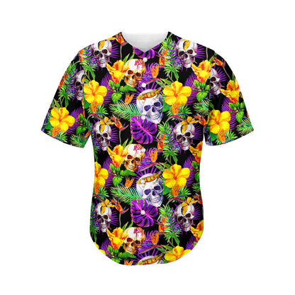 Purple Tropical Skull Pattern Print Men's Baseball Jersey
