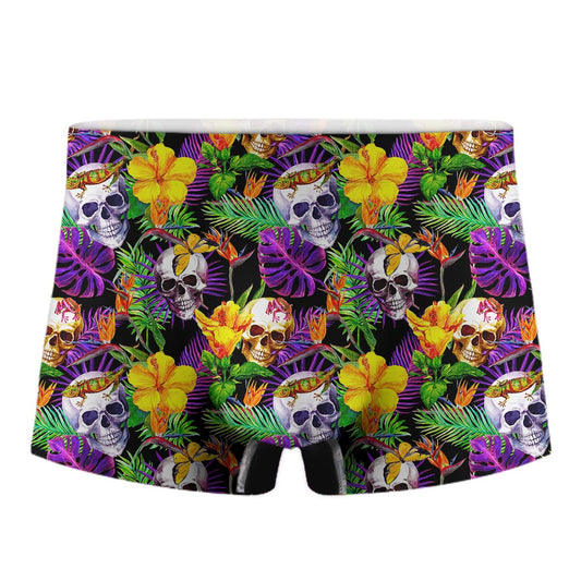 Purple Tropical Skull Pattern Print Men's Boxer Briefs