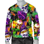 Purple Tropical Skull Pattern Print Men's Crewneck Sweatshirt GearFrost