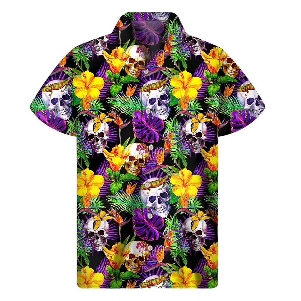 Purple Tropical Skull Pattern Print Men's Short Sleeve Shirt