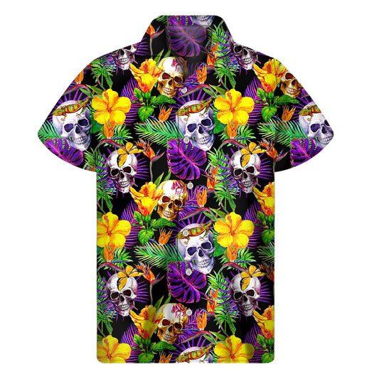 Purple Tropical Skull Pattern Print Men's Short Sleeve Shirt
