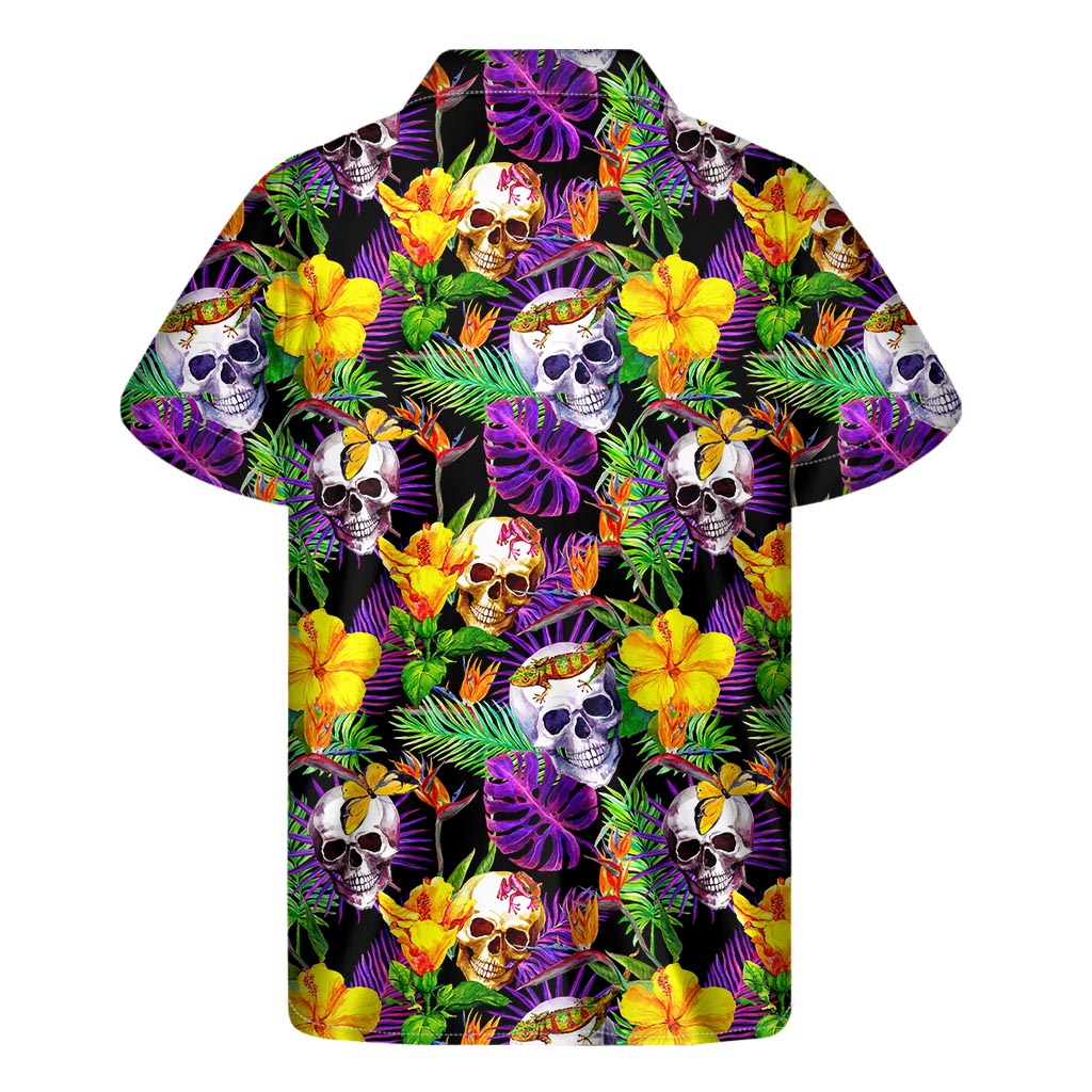 Purple Tropical Skull Pattern Print Men's Short Sleeve Shirt