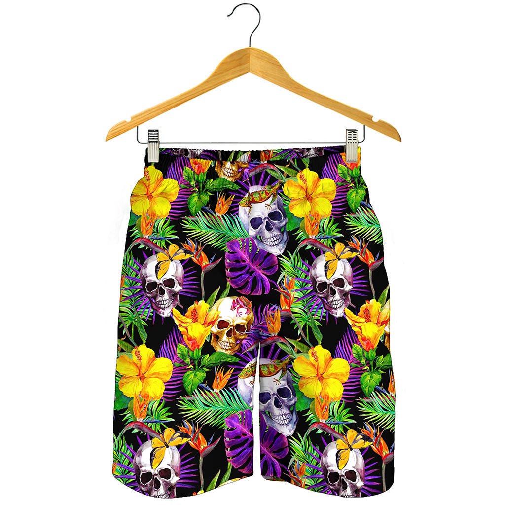 Purple Tropical Skull Pattern Print Men's Shorts