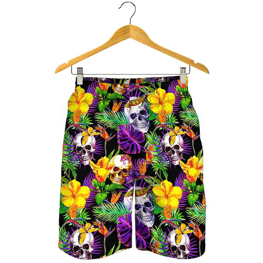 Purple Tropical Skull Pattern Print Men's Shorts