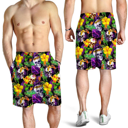 Purple Tropical Skull Pattern Print Men's Shorts