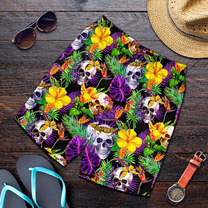 Purple Tropical Skull Pattern Print Men's Shorts