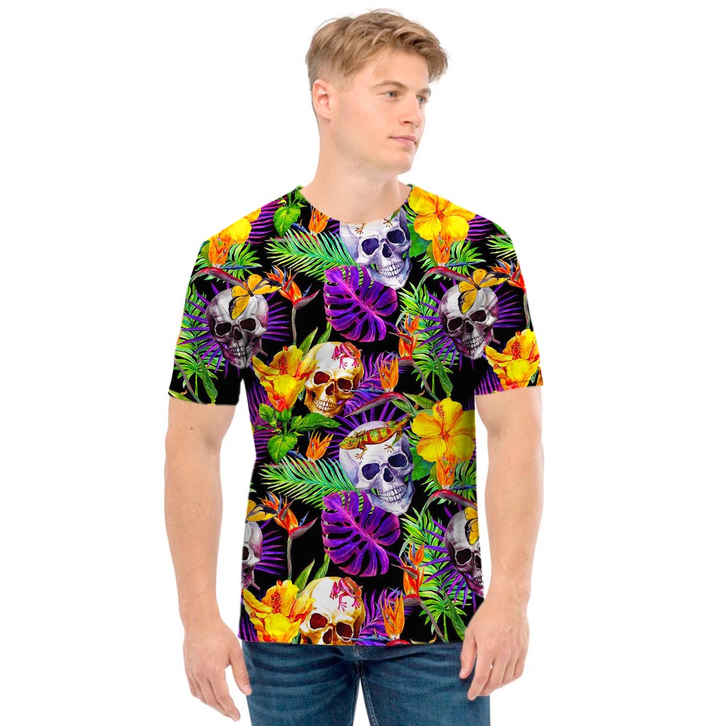 Purple Tropical Skull Pattern Print Men's T-Shirt