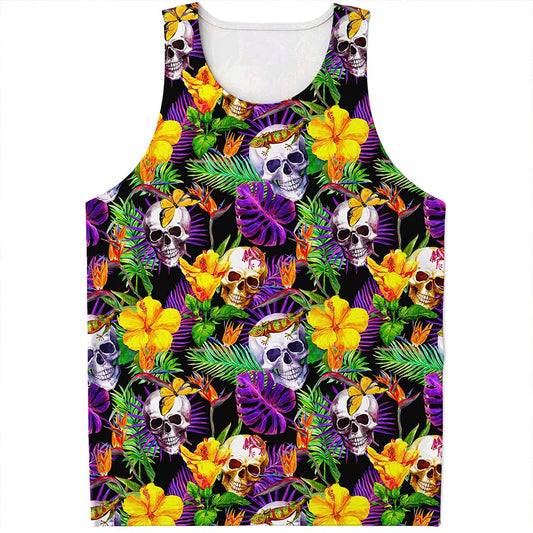 Purple Tropical Skull Pattern Print Men's Tank Top