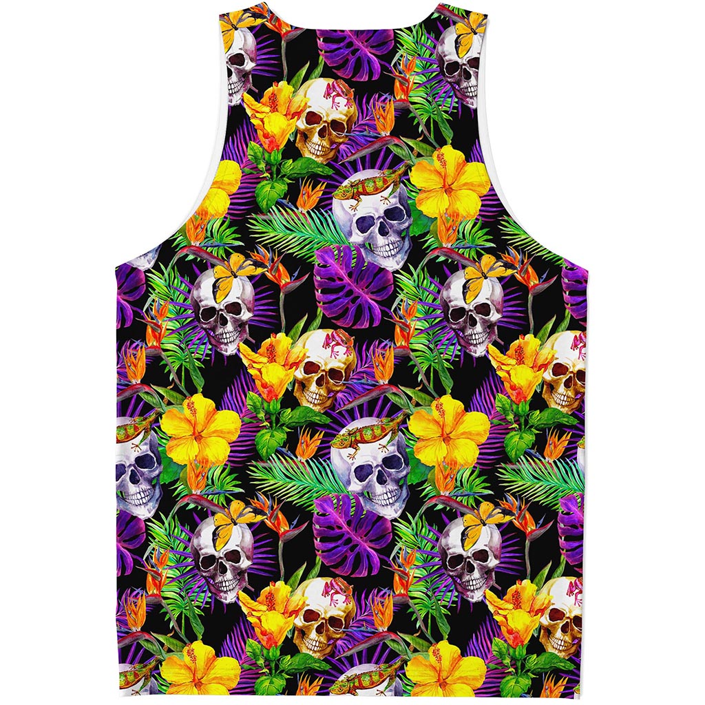 Purple Tropical Skull Pattern Print Men's Tank Top