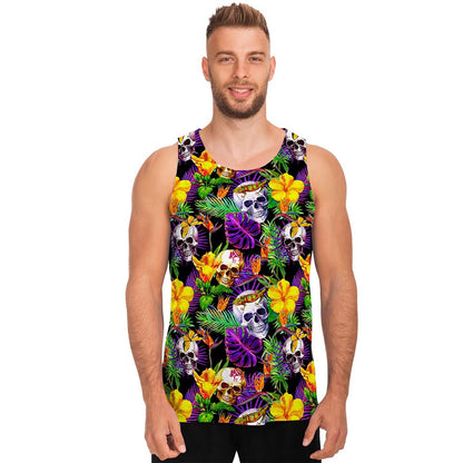 Purple Tropical Skull Pattern Print Men's Tank Top