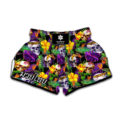 Purple Tropical Skull Pattern Print Muay Thai Boxing Shorts