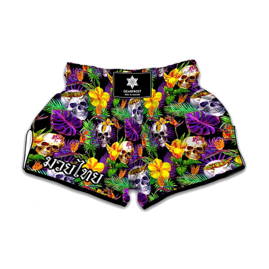 Purple Tropical Skull Pattern Print Muay Thai Boxing Shorts