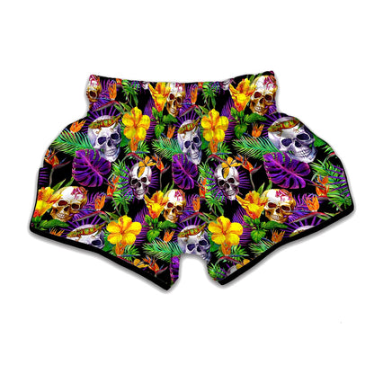 Purple Tropical Skull Pattern Print Muay Thai Boxing Shorts