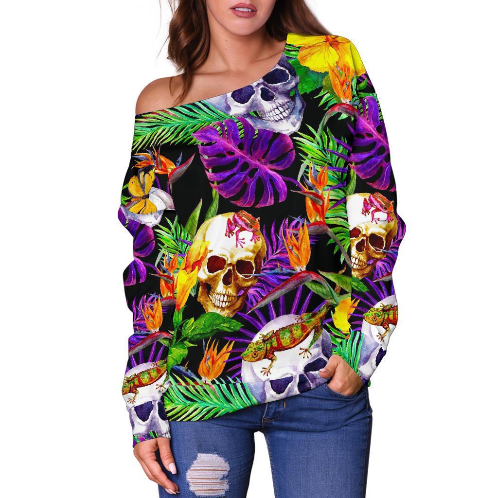 Purple Tropical Skull Pattern Print Off Shoulder Sweatshirt GearFrost