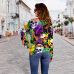 Purple Tropical Skull Pattern Print Off Shoulder Sweatshirt GearFrost