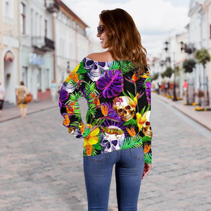 Purple Tropical Skull Pattern Print Off Shoulder Sweatshirt GearFrost