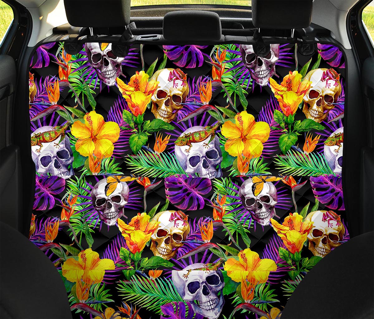 Purple Tropical Skull Pattern Print Pet Car Back Seat Cover