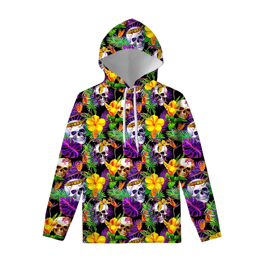 Purple Tropical Skull Pattern Print Pullover Hoodie