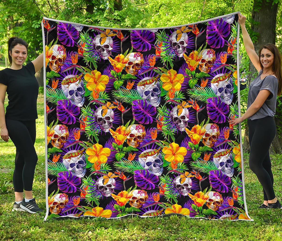Purple Tropical Skull Pattern Print Quilt