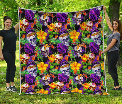 Purple Tropical Skull Pattern Print Quilt