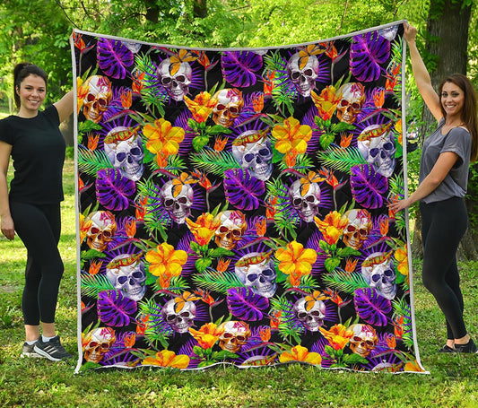 Purple Tropical Skull Pattern Print Quilt