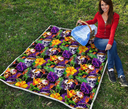 Purple Tropical Skull Pattern Print Quilt