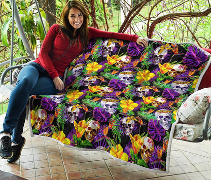 Purple Tropical Skull Pattern Print Quilt