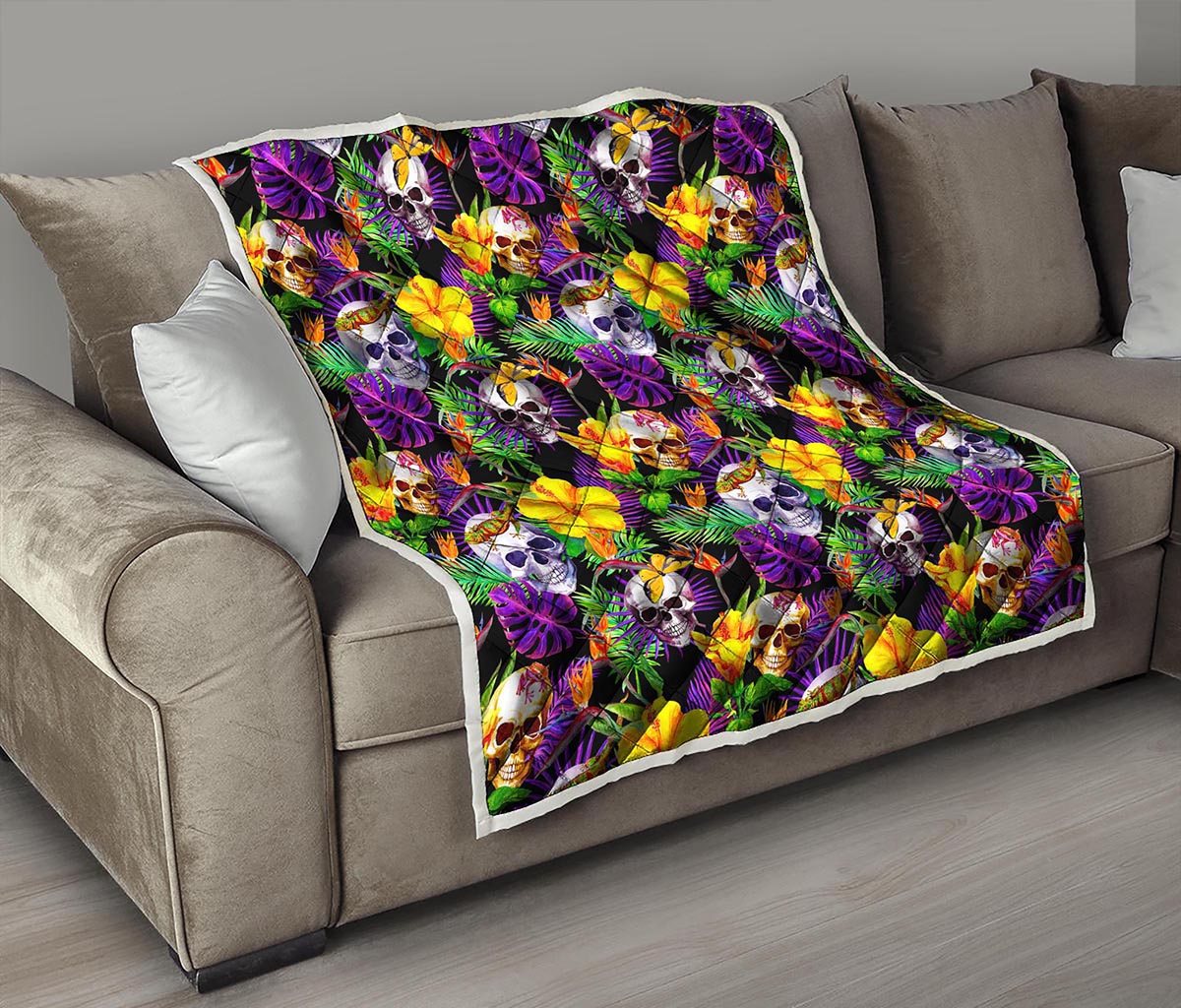 Purple Tropical Skull Pattern Print Quilt