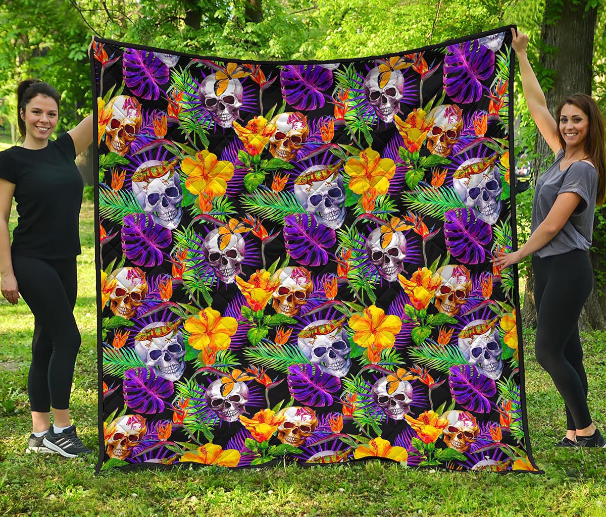 Purple Tropical Skull Pattern Print Quilt