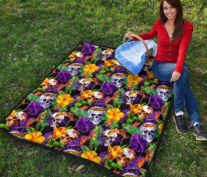 Purple Tropical Skull Pattern Print Quilt