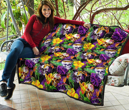 Purple Tropical Skull Pattern Print Quilt