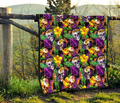 Purple Tropical Skull Pattern Print Quilt