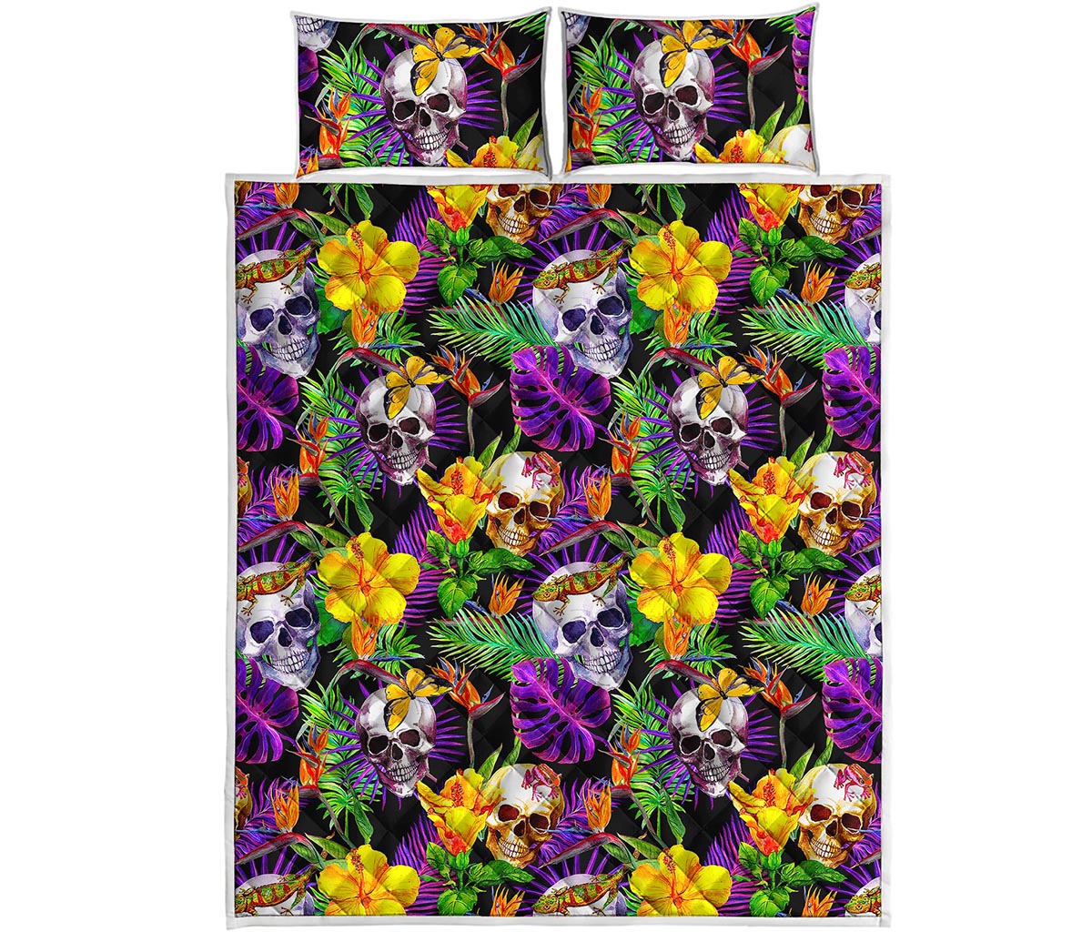 Purple Tropical Skull Pattern Print Quilt Bed Set