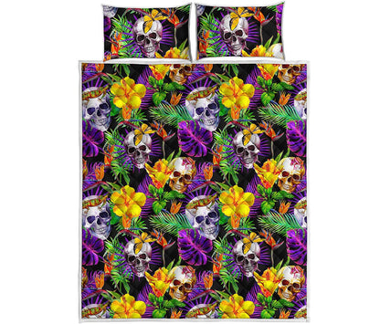 Purple Tropical Skull Pattern Print Quilt Bed Set