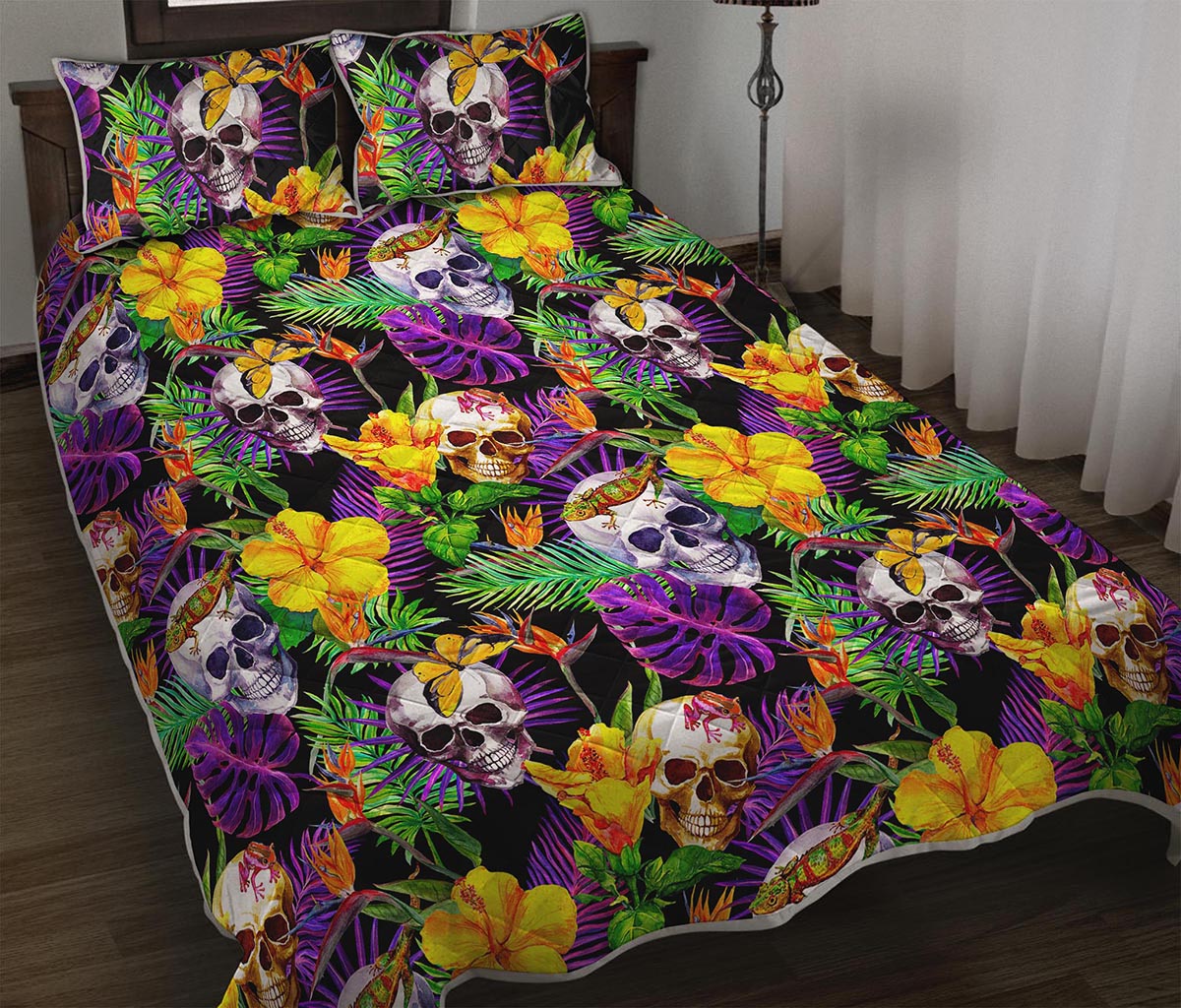 Purple Tropical Skull Pattern Print Quilt Bed Set
