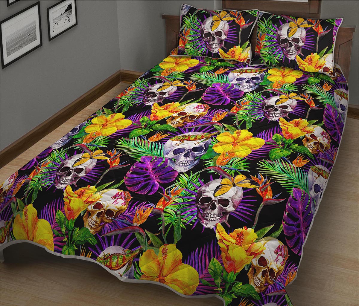 Purple Tropical Skull Pattern Print Quilt Bed Set