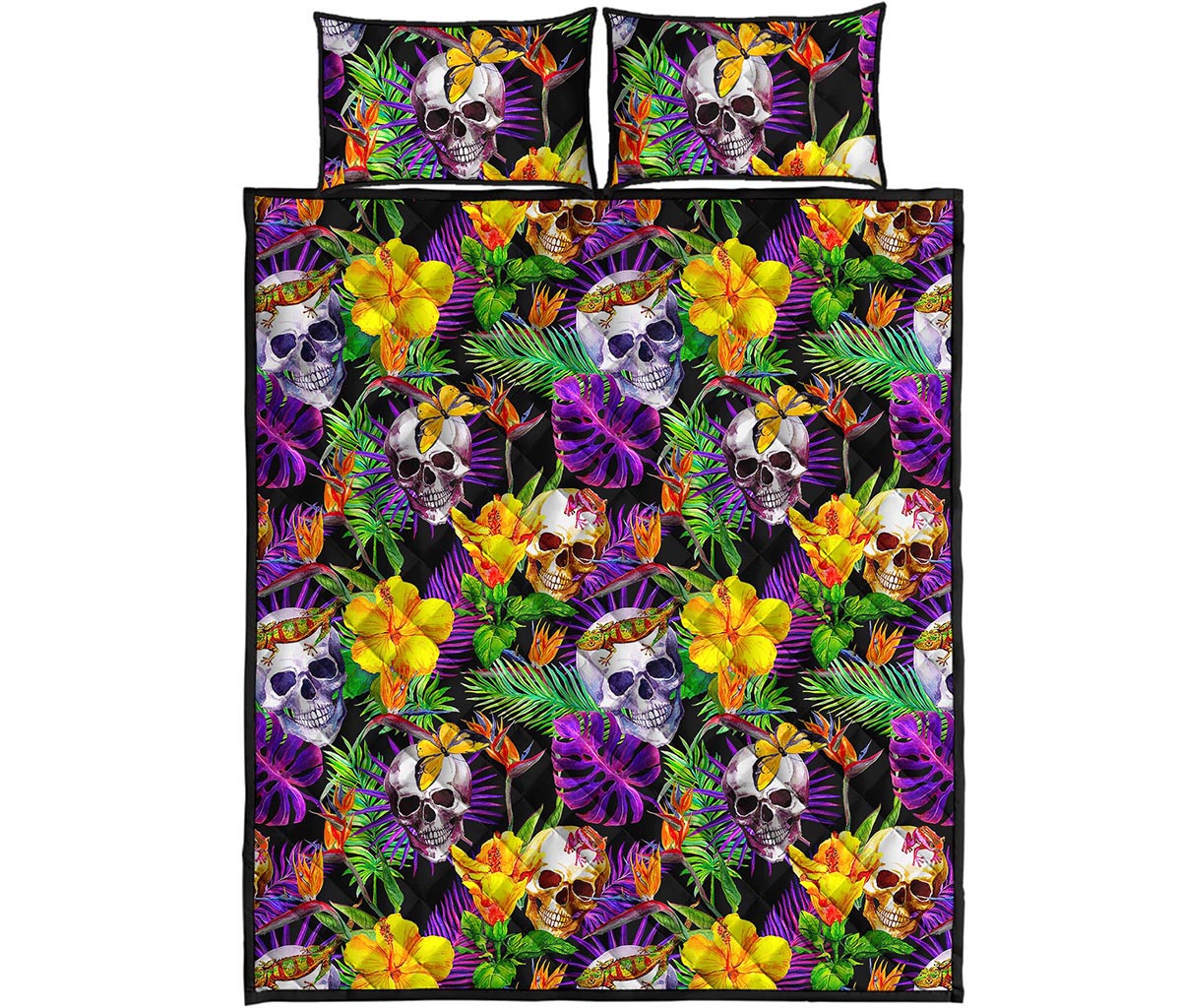 Purple Tropical Skull Pattern Print Quilt Bed Set
