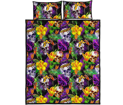 Purple Tropical Skull Pattern Print Quilt Bed Set