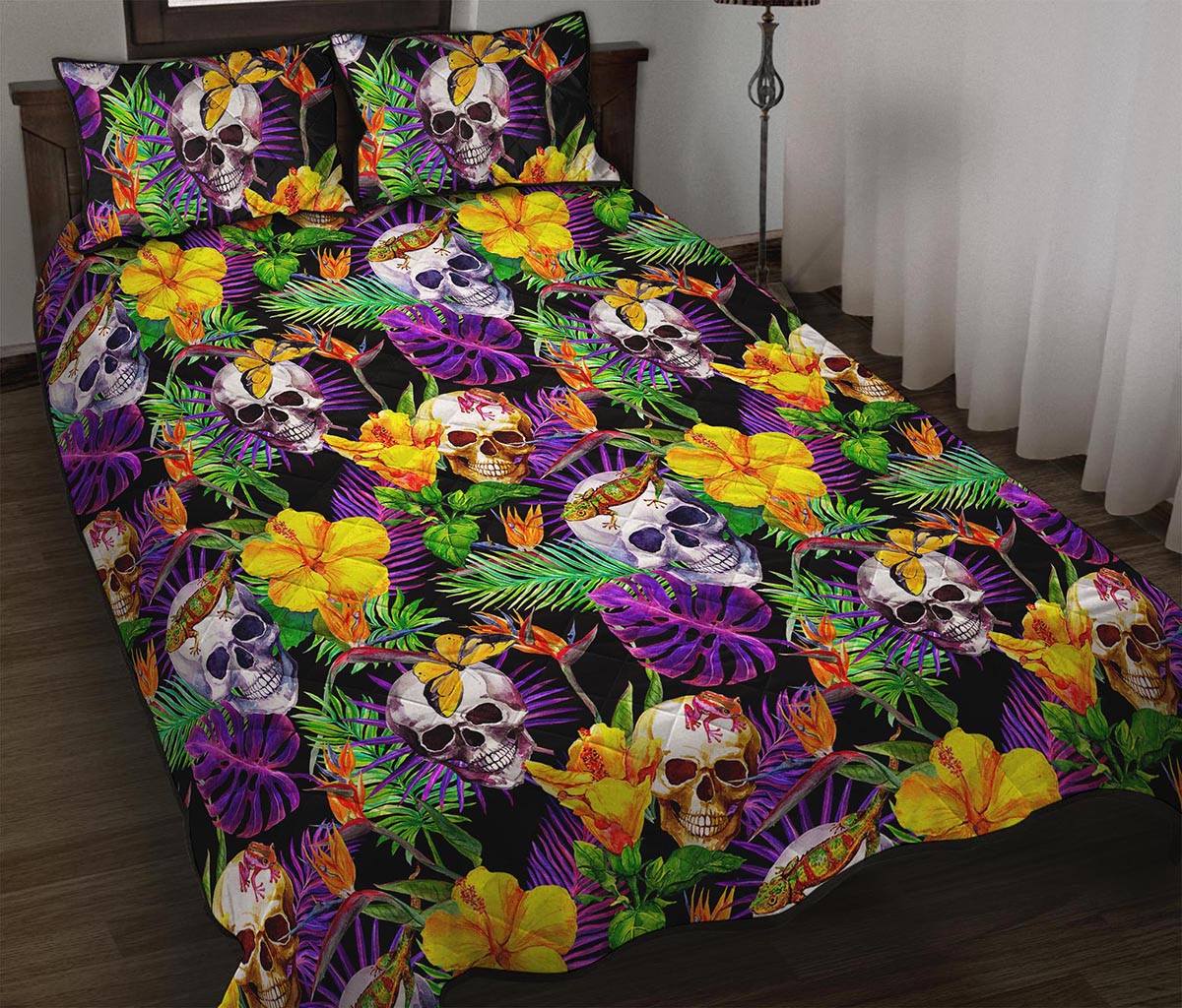 Purple Tropical Skull Pattern Print Quilt Bed Set