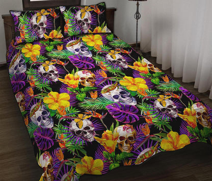 Purple Tropical Skull Pattern Print Quilt Bed Set