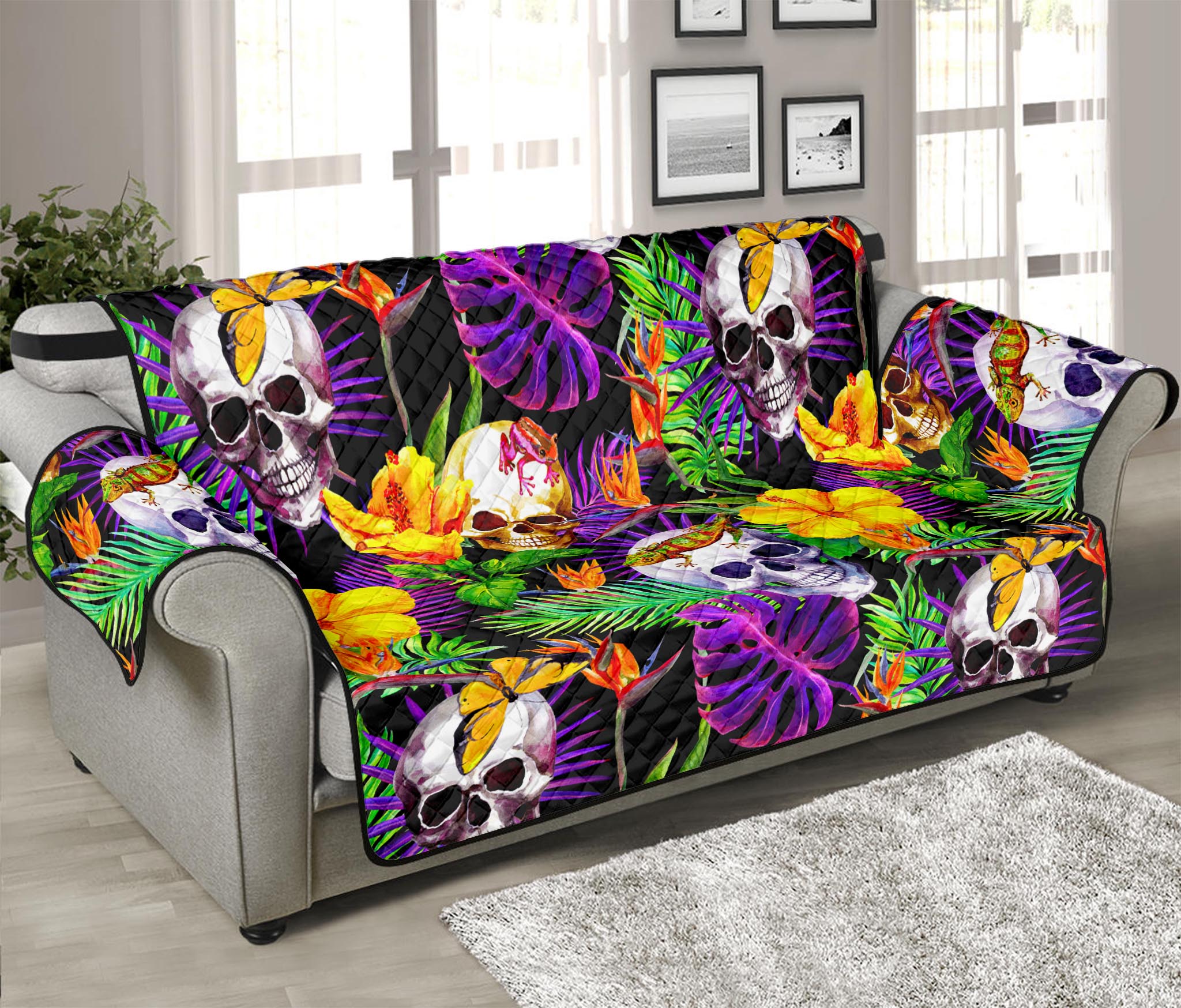 Purple Tropical Skull Pattern Print Sofa Protector