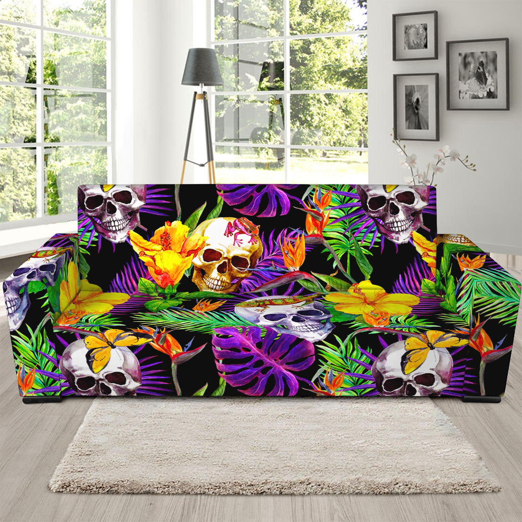 Purple Tropical Skull Pattern Print Sofa Slipcover