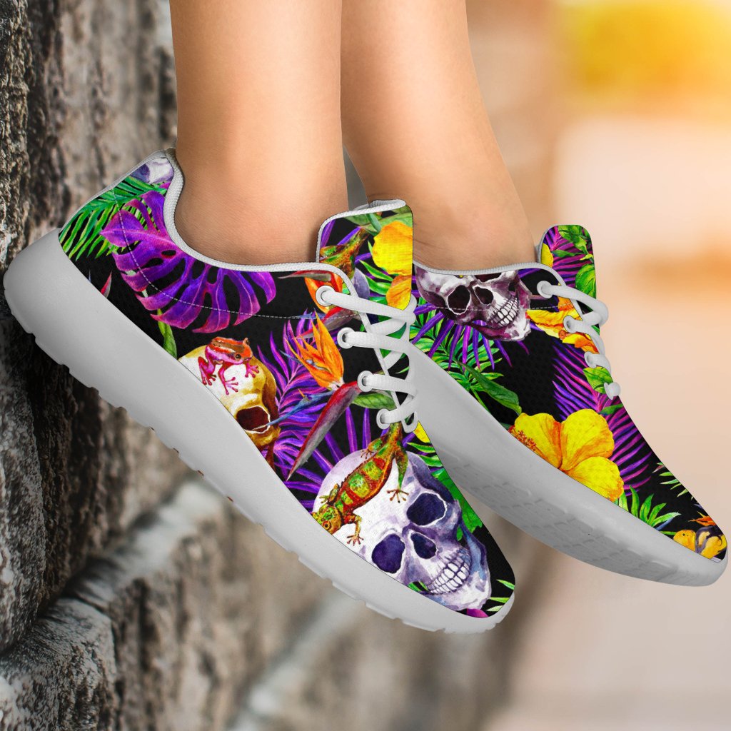 Purple Tropical Skull Pattern Print Sport Shoes GearFrost