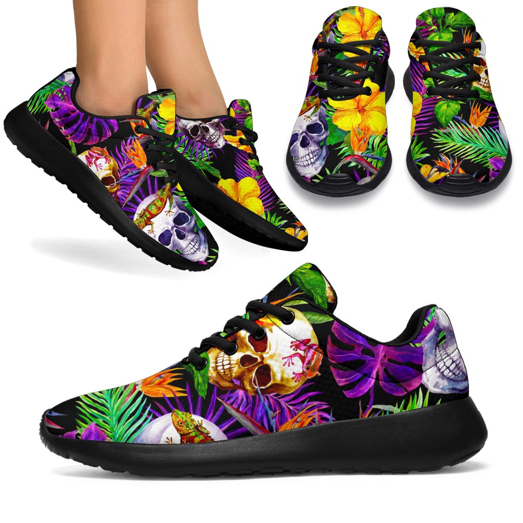 Purple Tropical Skull Pattern Print Sport Shoes GearFrost