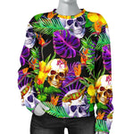 Purple Tropical Skull Pattern Print Women's Crewneck Sweatshirt GearFrost