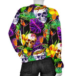 Purple Tropical Skull Pattern Print Women's Crewneck Sweatshirt GearFrost