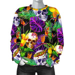 Purple Tropical Skull Pattern Print Women's Crewneck Sweatshirt GearFrost